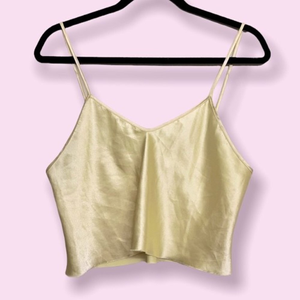 Y2K Satin Crop Top Light Yellow Spaghetti Straps Silky V Neck Womens Size Small
